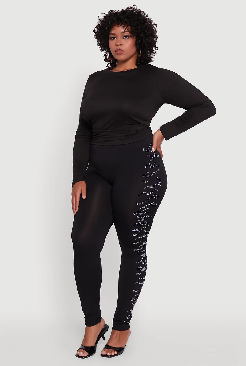 Womens Plus Size Seamless High Waisted Zebra Rhinestone Trim Leggings, Black, Size 1X-2X