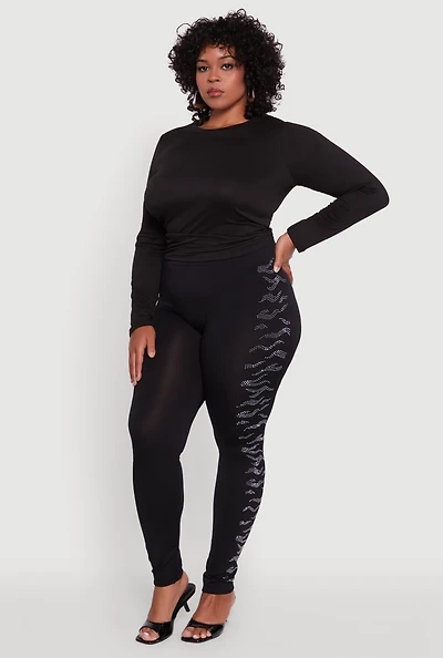 Womens Plus Size Seamless High Waisted Zebra Rhinestone Trim Leggings, Black, Size 1X-2X