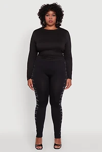 Womens Plus Size Seamless High Waisted Zebra Rhinestone Trim Leggings, Black, Size 1X-2X