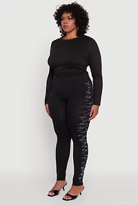 Womens Plus Size Seamless High Waisted Zebra Rhinestone Trim Leggings, Black, Size 1X-2X