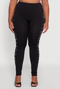 Womens Plus Size Seamless High Waisted Zebra Rhinestone Trim Leggings, Black, Size 1X-2X
