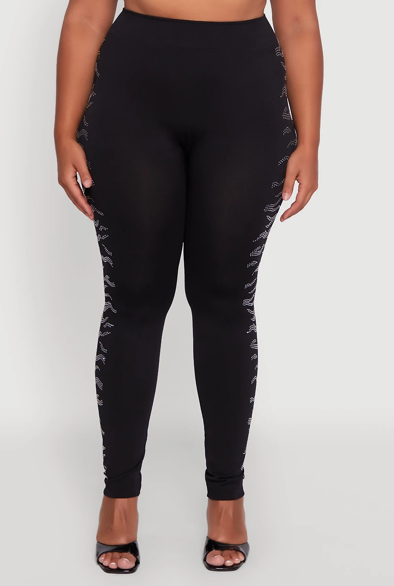 Plus Seamless High Waisted Zebra Rhinestone Trim Leggings