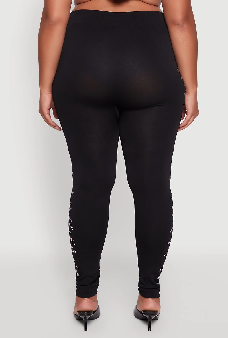 Womens Plus Size Seamless High Waisted Zebra Rhinestone Trim Leggings, Black, Size 1X-2X