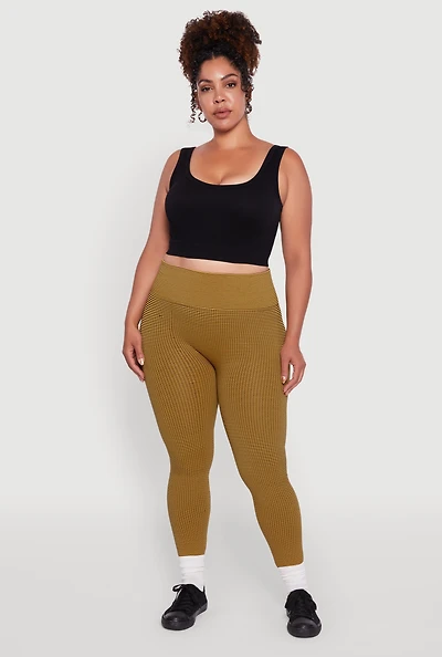 Womens Plus Size Shadow Striped Seamless Fleece Lined Leggings, Yellow, Size 1X-2X