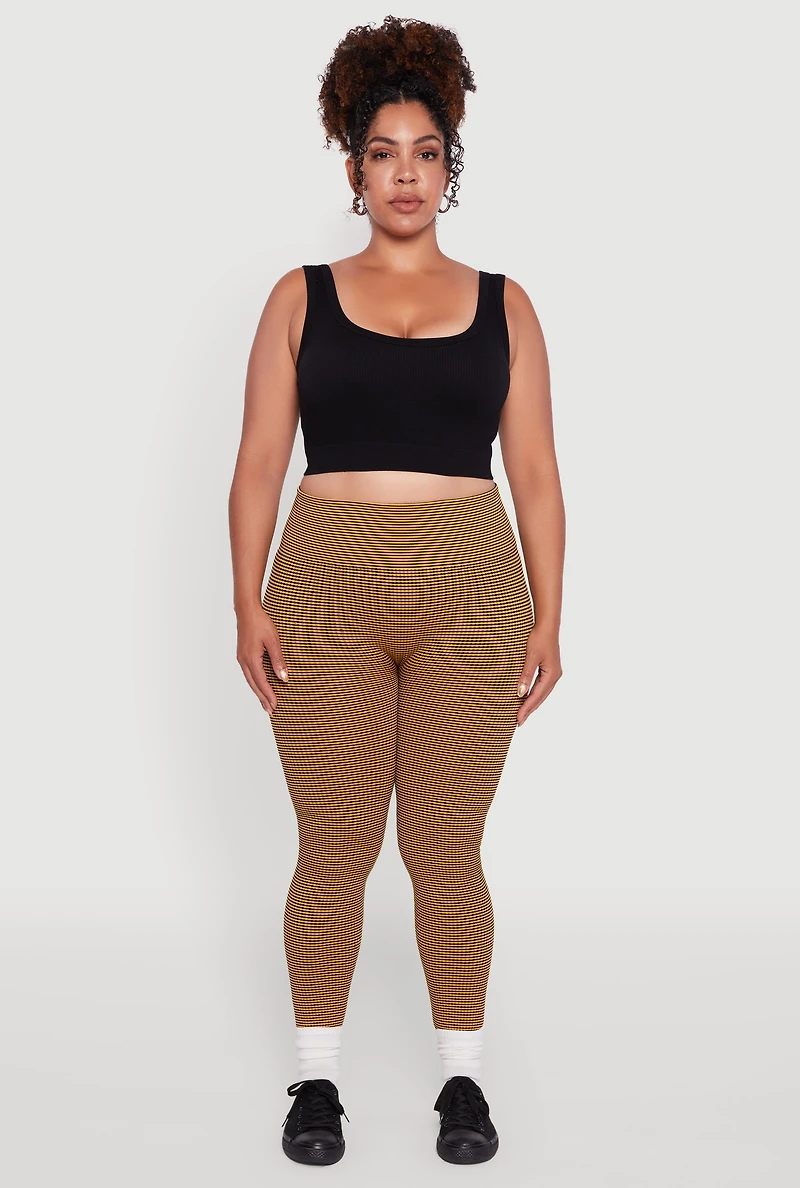 Womens Plus Size Shadow Striped Seamless Fleece Lined Leggings, Yellow, Size 1X-2X