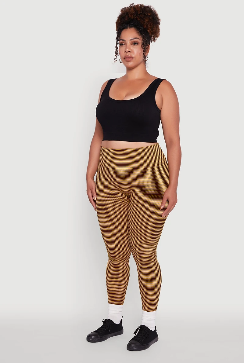 Womens Plus Size Shadow Striped Seamless Fleece Lined Leggings, Yellow, Size 1X-2X