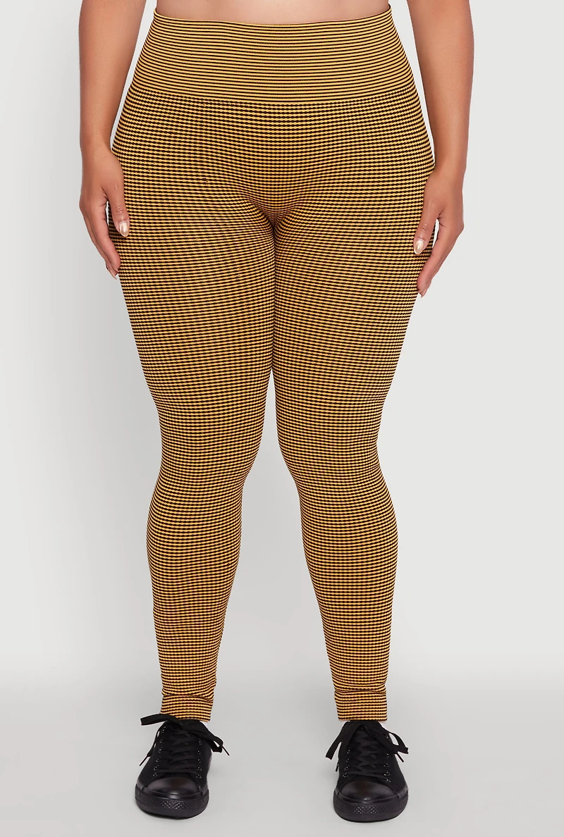 Womens Plus Size Shadow Striped Seamless Fleece Lined Leggings, Yellow, Size 1X-2X