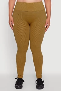 Womens Plus Size Shadow Striped Seamless Fleece Lined Leggings, Yellow, Size 1X-2X