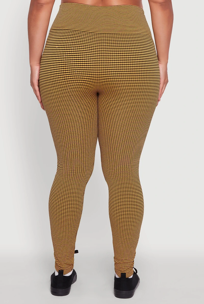 Womens Plus Size Shadow Striped Seamless Fleece Lined Leggings, Yellow, Size 1X-2X