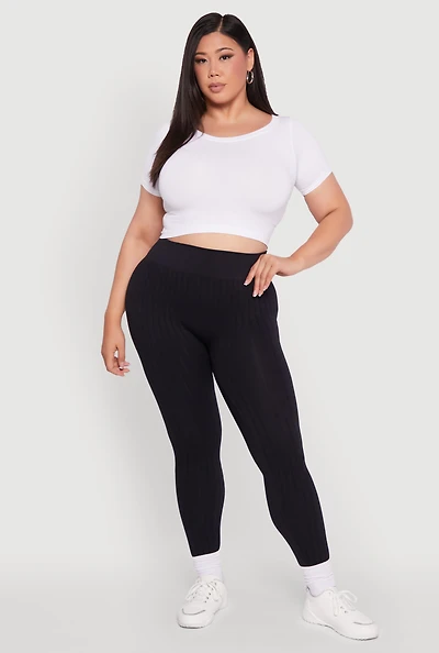 Womens Plus High Waisted Ribbed Knit Seamless Leggings,