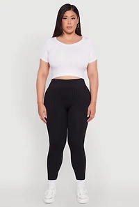 Womens Plus High Waisted Ribbed Knit Seamless Leggings,