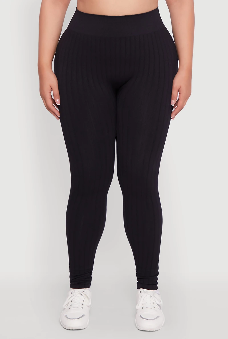 Womens Plus High Waisted Ribbed Knit Seamless Leggings,