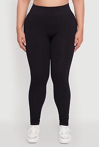 Womens Plus High Waisted Ribbed Knit Seamless Leggings,