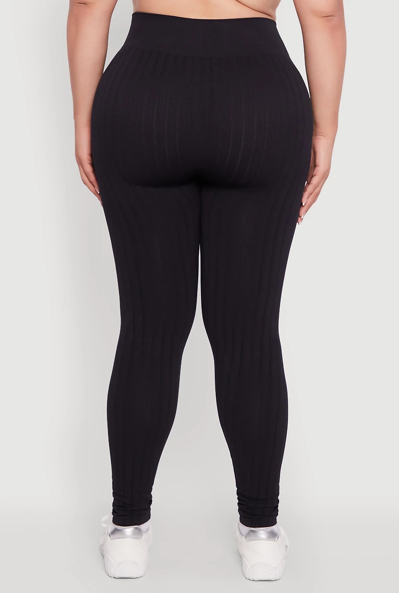 Womens Plus High Waisted Ribbed Knit Seamless Leggings, 1X-2X