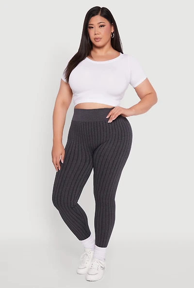 Womens Plus High Waisted Ribbed Knit Seamless Leggings,