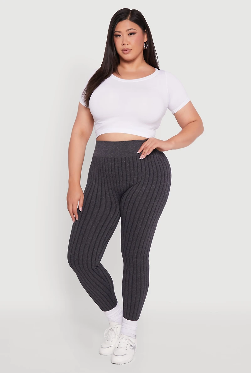Womens Plus Size High Waisted Ribbed Knit Seamless Leggings, Grey, Size 2X-3X