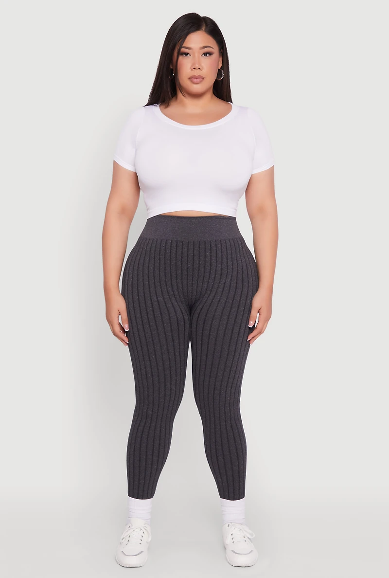 Womens Plus Size High Waisted Ribbed Knit Seamless Leggings, Grey, Size 2X-3X