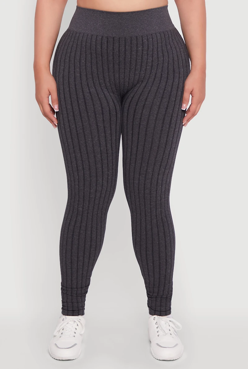 Womens Plus Size High Waisted Ribbed Knit Seamless Leggings, Grey, Size 2X-3X