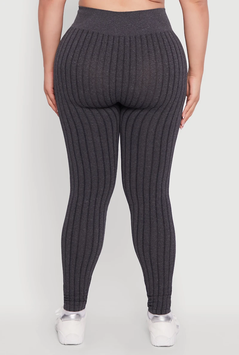 Womens Plus Size High Waisted Ribbed Knit Seamless Leggings, Grey, Size 2X-3X