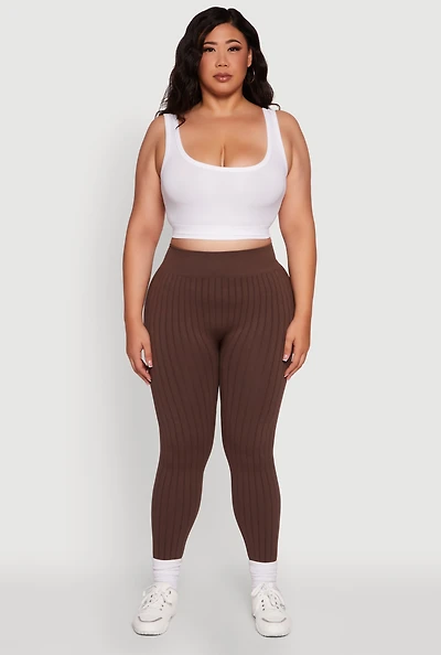Womens Plus High Waisted Ribbed Knit Seamless Leggings,