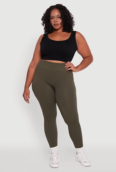 Womens Plus High Waisted Ribbed Knit Seamless Leggings, Green,