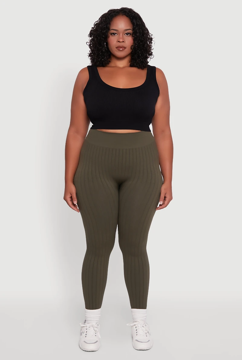 Womens Plus High Waisted Ribbed Knit Seamless Leggings, Green,