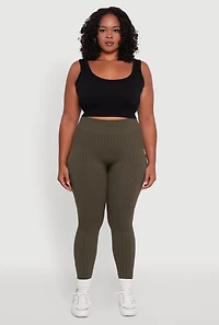 Womens Plus High Waisted Ribbed Knit Seamless Leggings, Green,