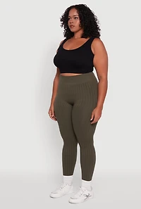 Womens Plus High Waisted Ribbed Knit Seamless Leggings, Green,