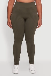 Womens Plus Size High Waisted Ribbed Knit Seamless Leggings, Green, Size 1X-2X