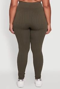 Womens Plus High Waisted Ribbed Knit Seamless Leggings, Green,