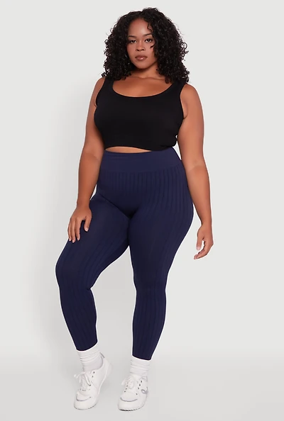 Womens Plus High Waisted Ribbed Knit Seamless Leggings,