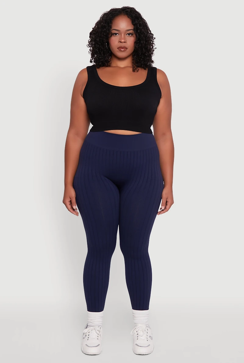 Womens Plus High Waisted Ribbed Knit Seamless Leggings,