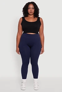Womens Plus High Waisted Ribbed Knit Seamless Leggings,