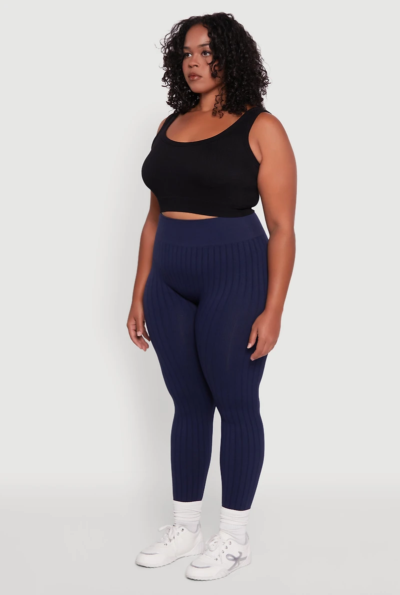 Womens Plus High Waisted Ribbed Knit Seamless Leggings,