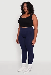 Womens Plus High Waisted Ribbed Knit Seamless Leggings,
