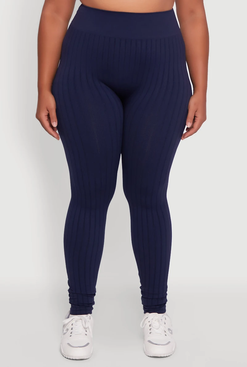 Womens Plus High Waisted Ribbed Knit Seamless Leggings,