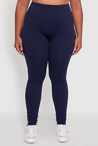 Womens Plus High Waisted Ribbed Knit Seamless Leggings,