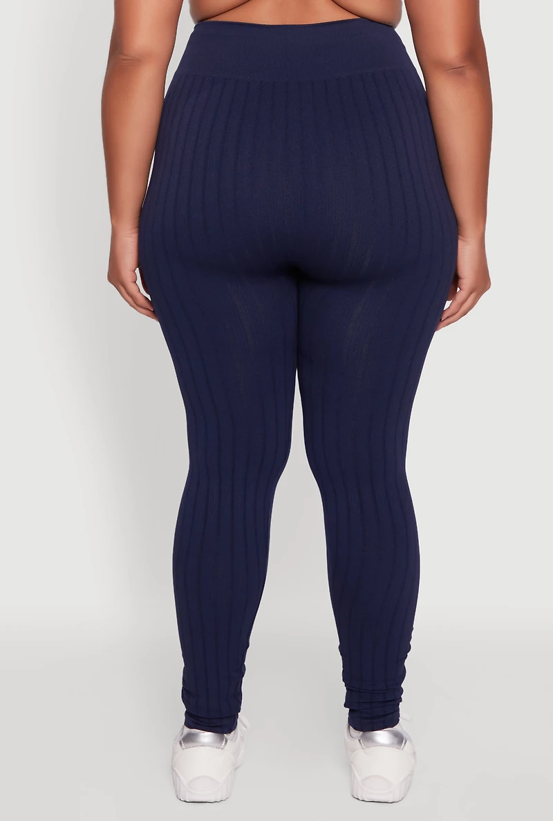 Womens Plus High Waisted Ribbed Knit Seamless Leggings,