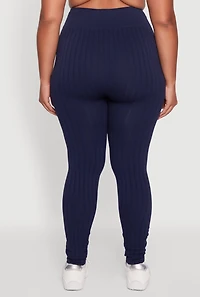 Womens Plus High Waisted Ribbed Knit Seamless Leggings,