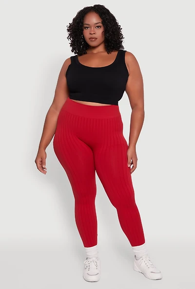 Womens Plus Size High Waisted Ribbed Knit Seamless Leggings, Red, Size 1X-2X
