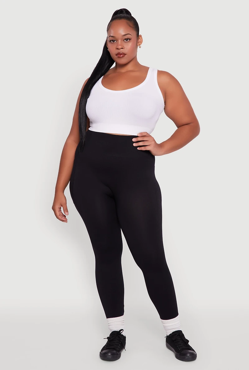 Womens Plus Size Textured Knit Detail High Waisted Leggings with Cell Pocket, Black, Size 1X-2X