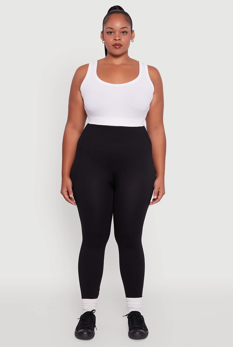 Womens Plus Size Textured Knit Detail High Waisted Leggings with Cell Pocket, Black, Size 1X-2X