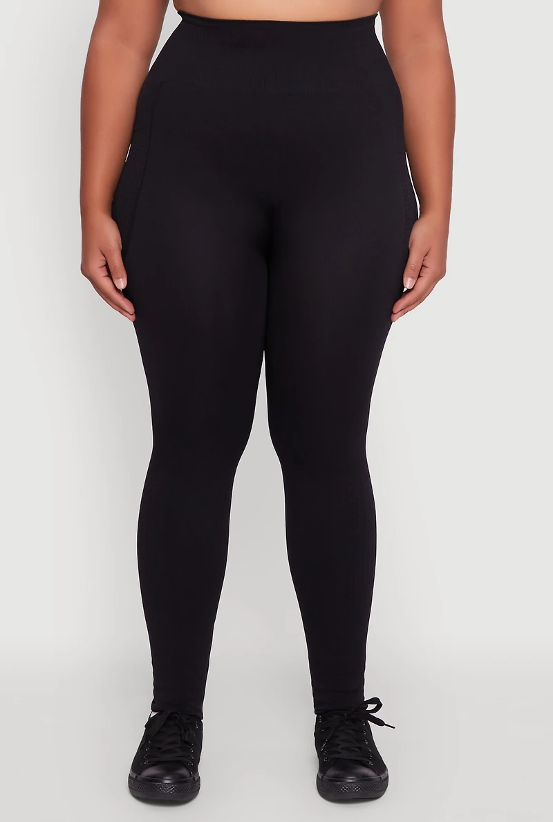 Womens Plus Size Textured Knit Detail High Waisted Leggings with Cell Pocket, Black, Size 1X-2X