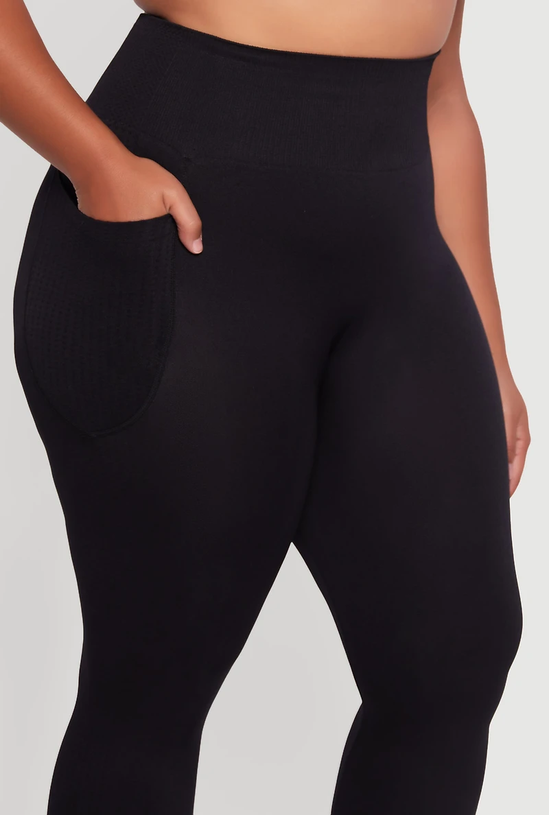 Womens Plus Size Textured Knit Detail High Waisted Leggings with Cell Pocket, Black, Size 1X-2X