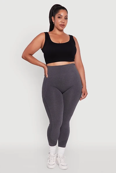 Womens Plus Textured Knit Detail High Waisted Leggings with Cell Pocket,