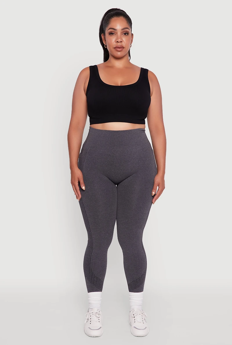 Womens Plus Size Textured Knit Detail High Waisted Leggings with Cell Pocket, Grey, Size 2X-3X