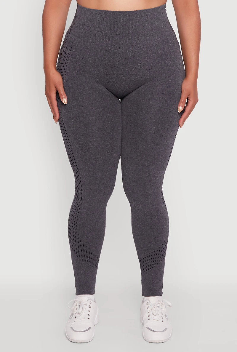 Womens Plus Size Textured Knit Detail High Waisted Leggings with Cell Pocket, Grey, Size 2X-3X