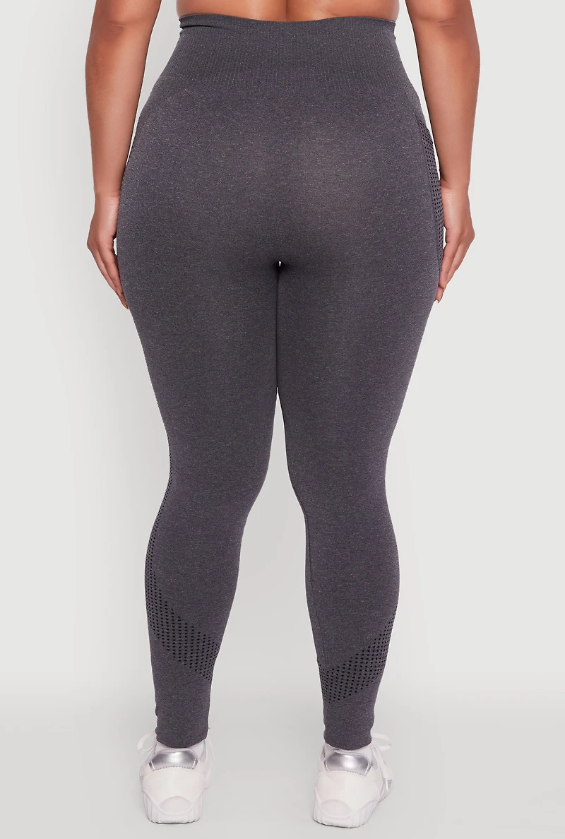 Womens Plus Size Textured Knit Detail High Waisted Leggings with Cell Pocket, Grey, Size 2X-3X