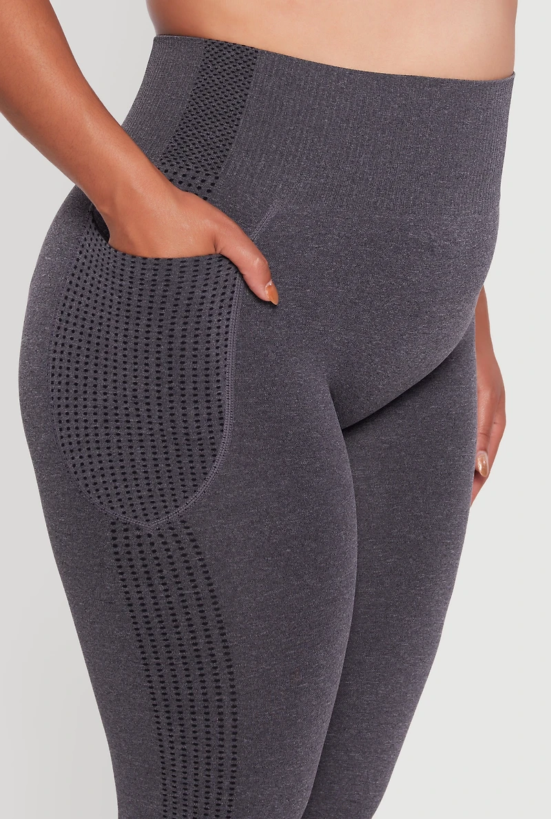Womens Plus Size Textured Knit Detail High Waisted Leggings with Cell Pocket, Grey, Size 2X-3X