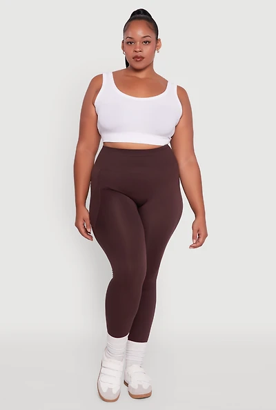 Womens Plus Textured Knit Detail High Waisted Leggings with Cell Pocket, 1X-2X